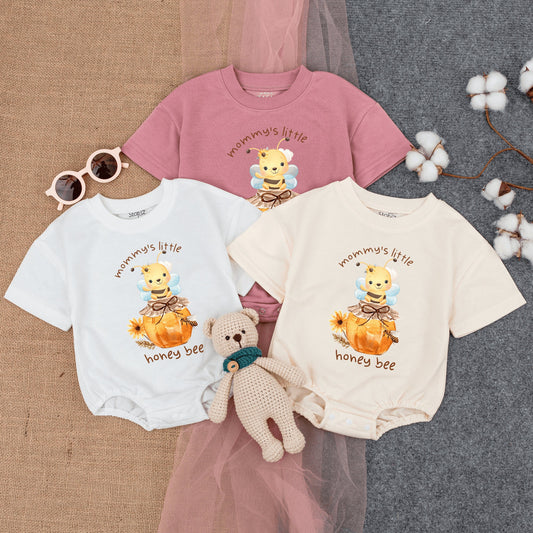 Mommy's Little Honey Bee Short-Sleeve Romper Cute Baby Outfit featuring Cartoon Bumble Bee on Honey Jar and Flower Graphics