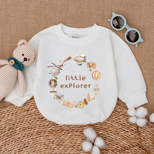 Little Explorer Baby Bodysuit Vintage Adventure Romper Whimsical Hot Air Balloon Globe Outfit Soft Pastel Baby Shower Gift