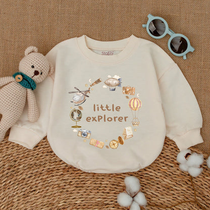 Little Explorer Baby Bodysuit Vintage Adventure Romper Whimsical Hot Air Balloon Globe Outfit Soft Pastel Baby Shower Gift