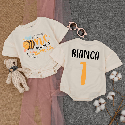 Personalized One Sweet BEE-DAY GIRL Romper First Birthday Bumble Bee Outfit with Name and First Number Cute Honey Bee Baby Bodysuit