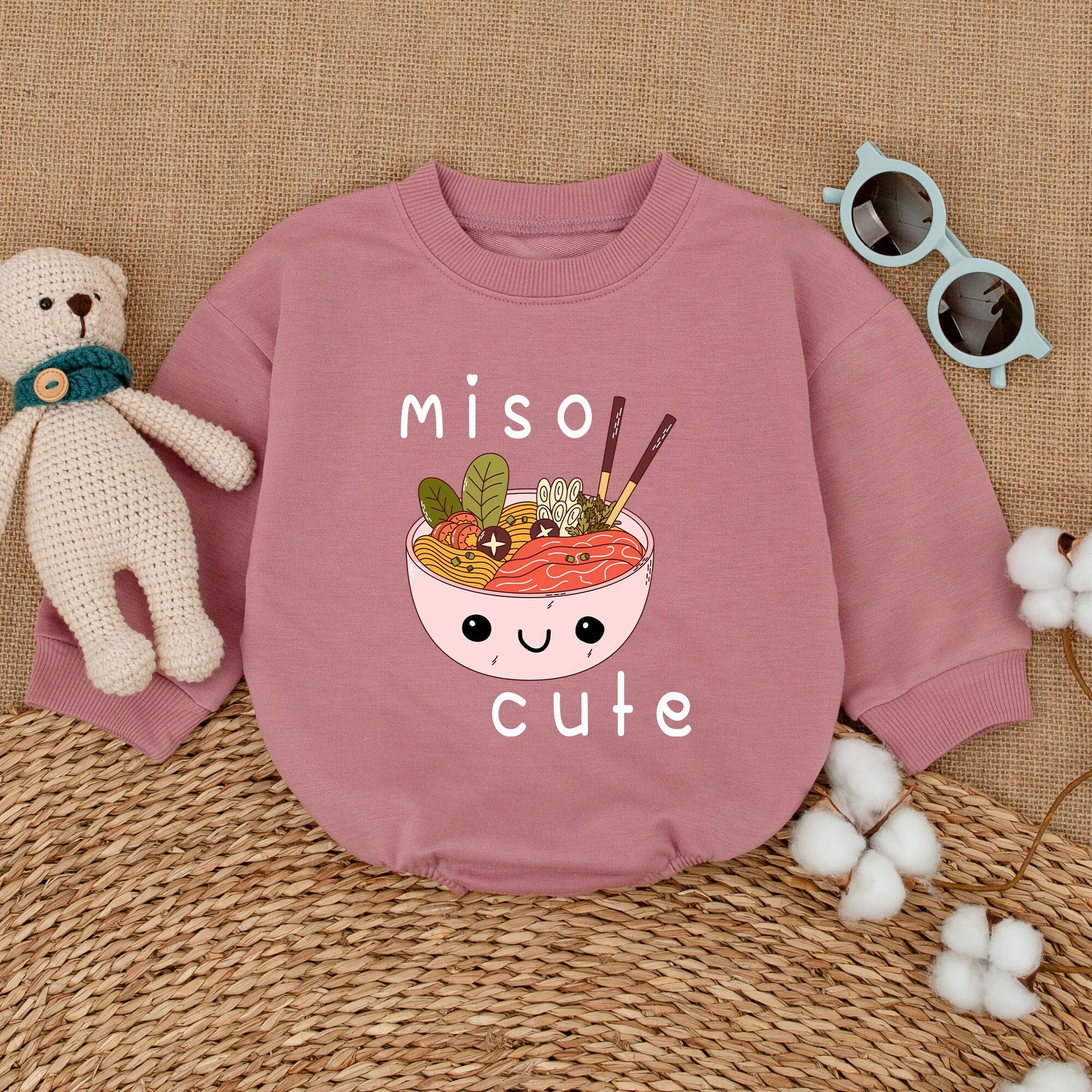 Miso Cute Kawaii Miso Soup Baby Bubble Romper Newborn Outfit Gender Neutral Playful Bodysuit with Noodles Seaweed Chopsticks Colorful Cartoon Style