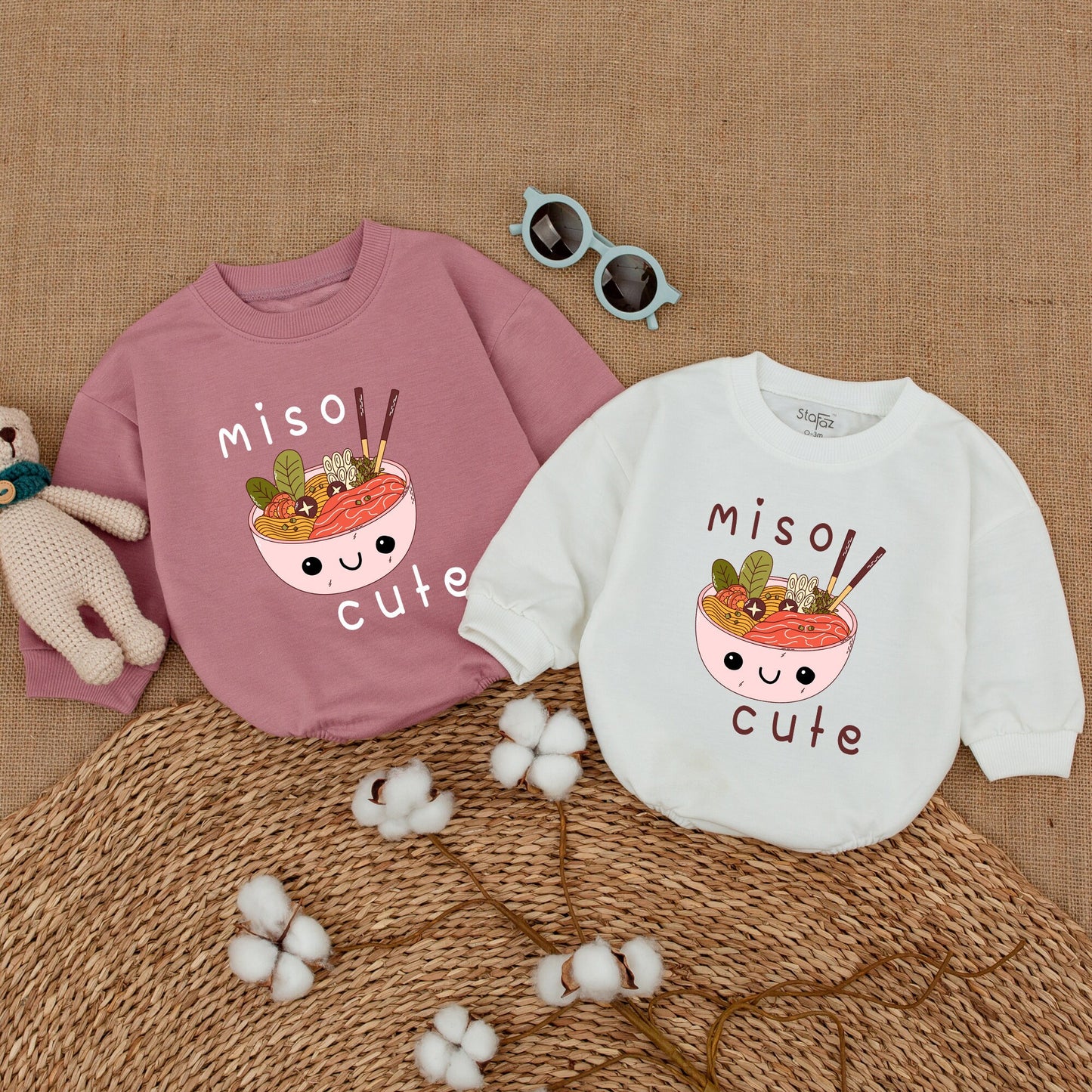 Miso Cute Kawaii Miso Soup Baby Bubble Romper Newborn Outfit Gender Neutral Playful Bodysuit with Noodles Seaweed Chopsticks Colorful Cartoon Style