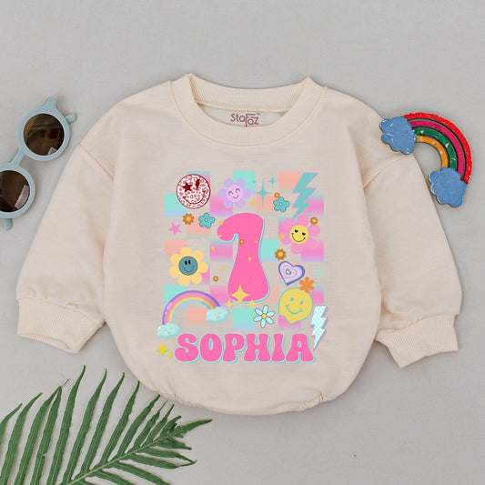 Personalized Groovy First Birthday Romper Baby Girl Outfit with Pink 1 and Sophia Name Checkerboard Retro Rainbow Smiley Bubble Bodysuit Gift