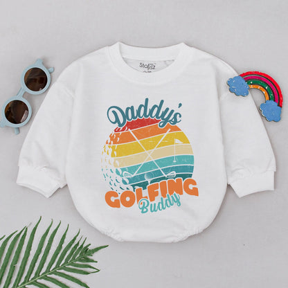 Retro Daddy's Golfing Buddy Romper Vintage 70s Golf Theme Baby Boy Bodysuit Rainbow Striped Distressed Design Father's Day Outfit Future Golfer Gift