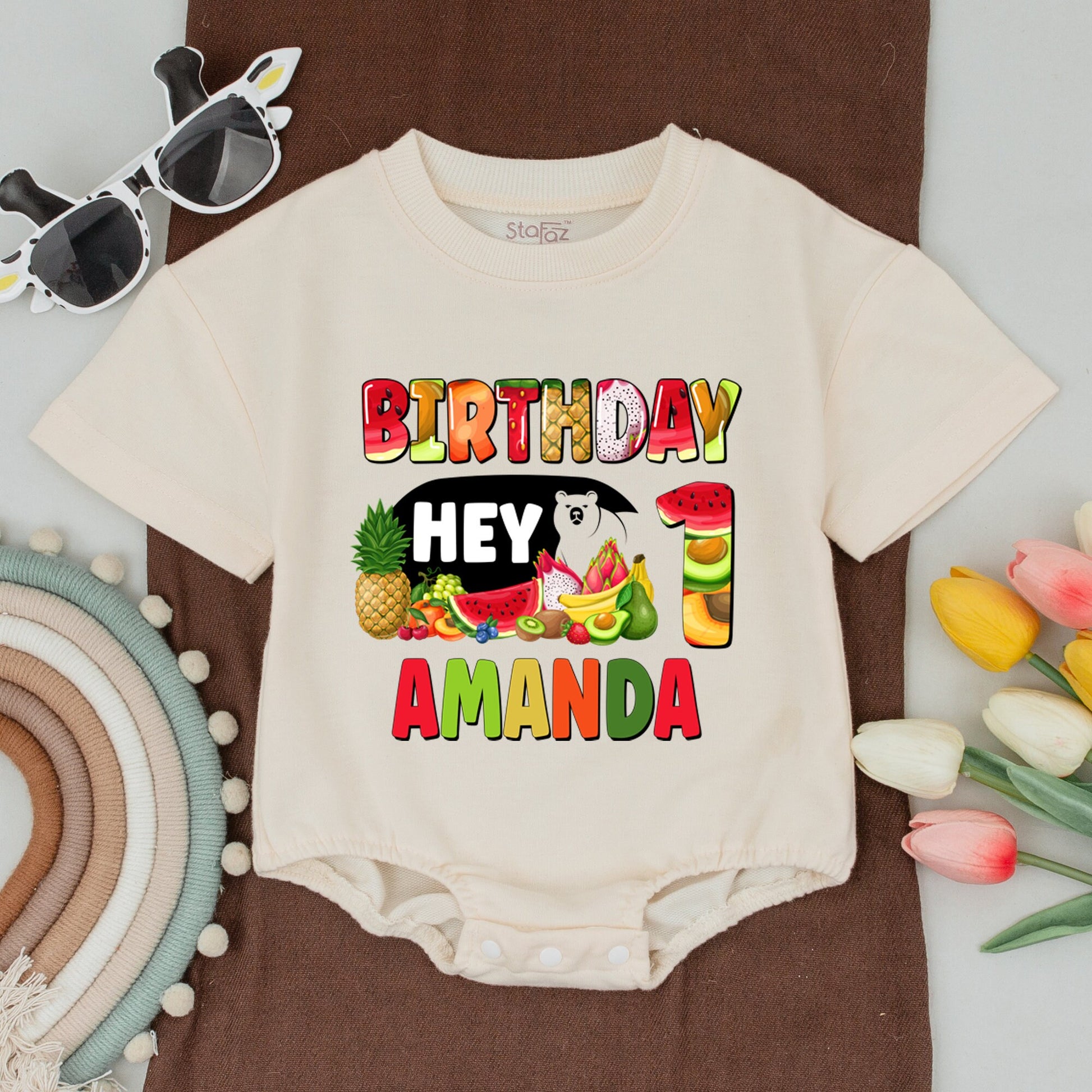 Personalized Family Matching Birthday Outfits Tropical Fruit Bear Hey Design Watermelon Pineapple Banana Party Celebration
