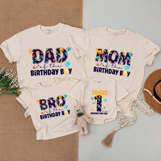Personalized Space Birthday Matching Family Shirts & Bodysuit for 1st Trip Around The Sun, Whimsical Planets, Rockets, Stars for Mom Dad Bro Birthday Boy Jonas #1