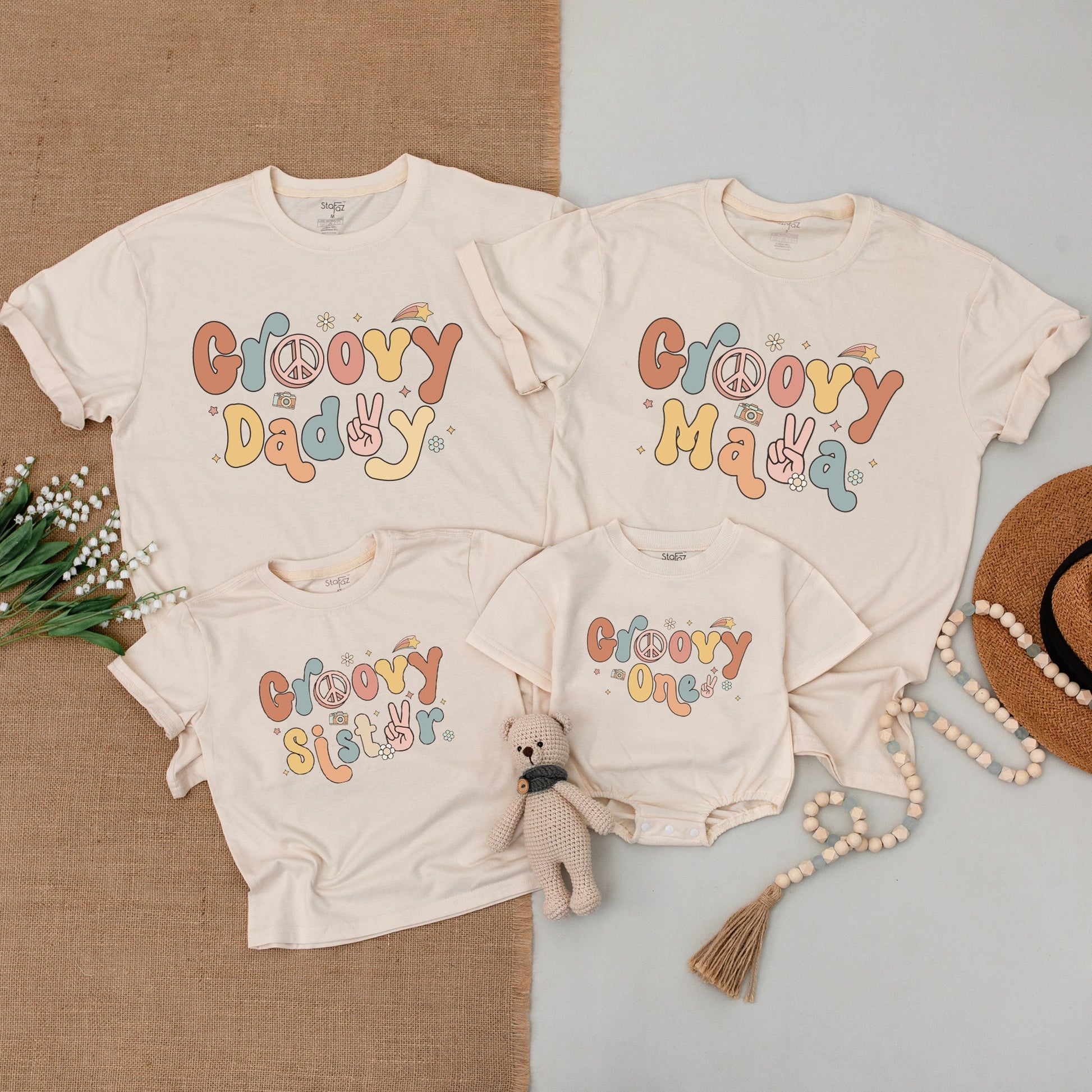 Groovy One 1st Birthday Shirt Family Matching Retro Design Peace Sign Camera Pastel Pink Teal Yellow Vintage Mama Daddy Bodysuit