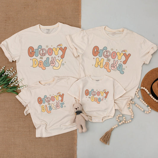 Groovy One 1st Birthday Shirt Family Matching Retro Design Peace Sign Camera Pastel Pink Teal Yellow Vintage Mama Daddy Bodysuit