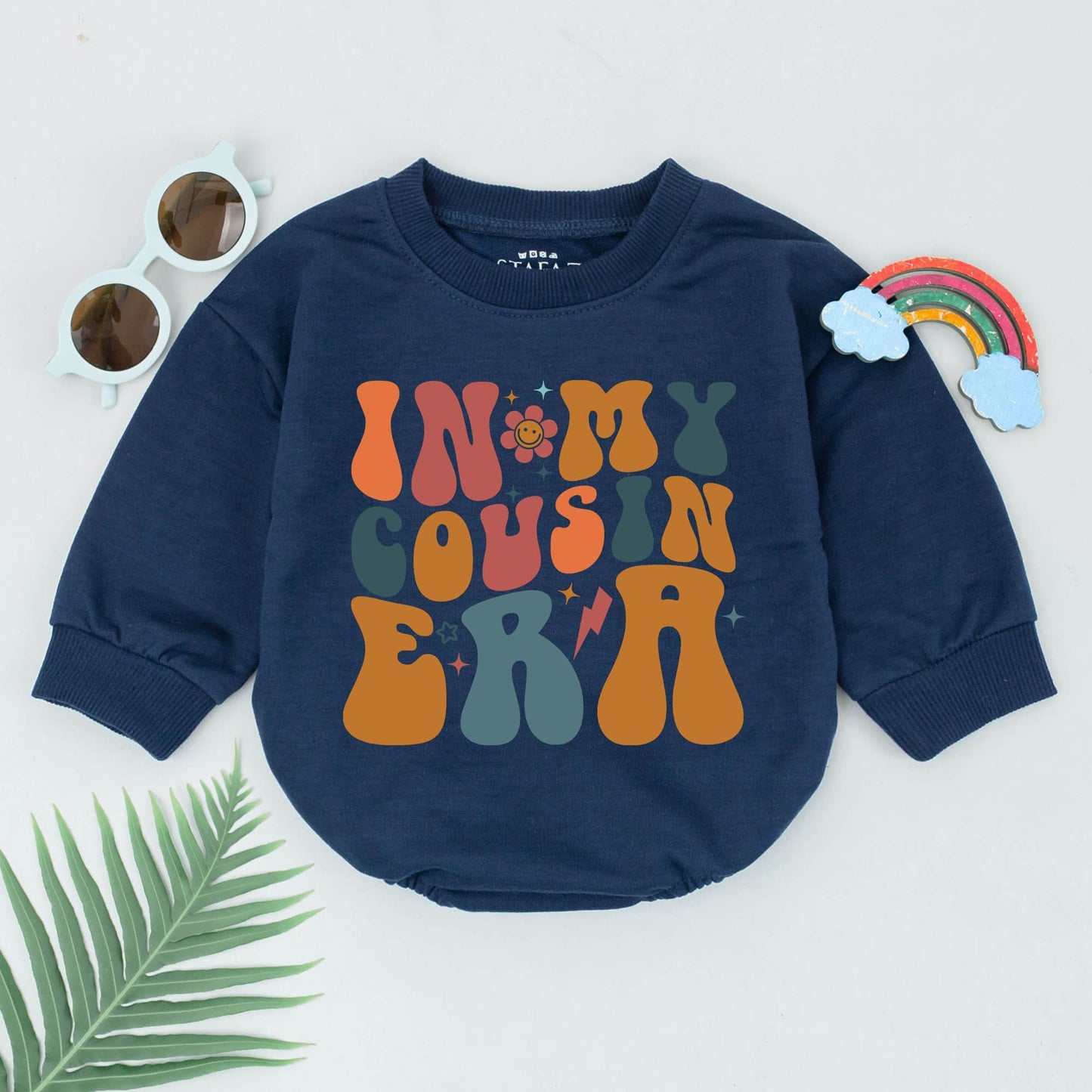 Cousin Matching In My Cousin Era Romper Groovy 70s Retro Bodysuit Orange Teal Brown Infant Baby Shower Gift Besties Playful