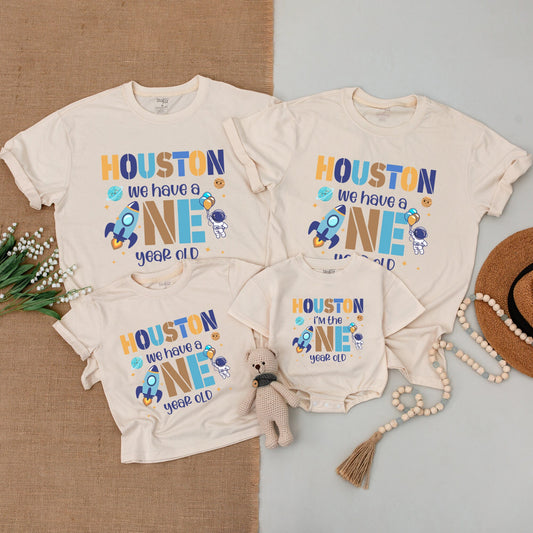 Houston We Have a One Year Old Outer Space 1st Birthday Shirt Matching Family Outfit Baby Romper Blue Gold Astronaut Planets Galaxy Theme