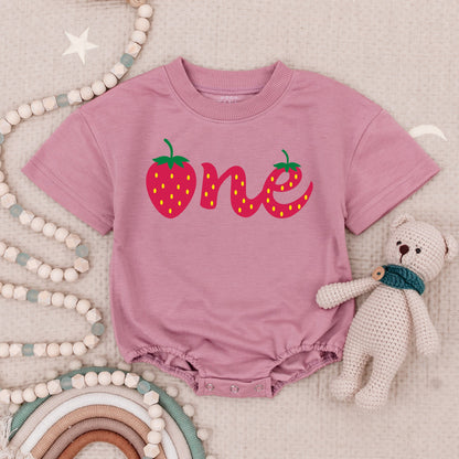 Personalized Strawberry One Baby Bubble Romper Red Berry First Birthday Outfit Sweet Playful Infant Girl Toddler Celebration Gift