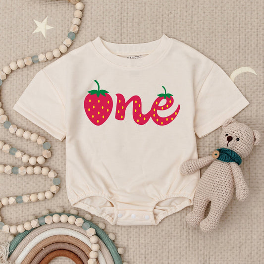 Personalized Strawberry One Baby Bubble Romper Red Berry First Birthday Outfit Sweet Playful Infant Girl Toddler Celebration Gift