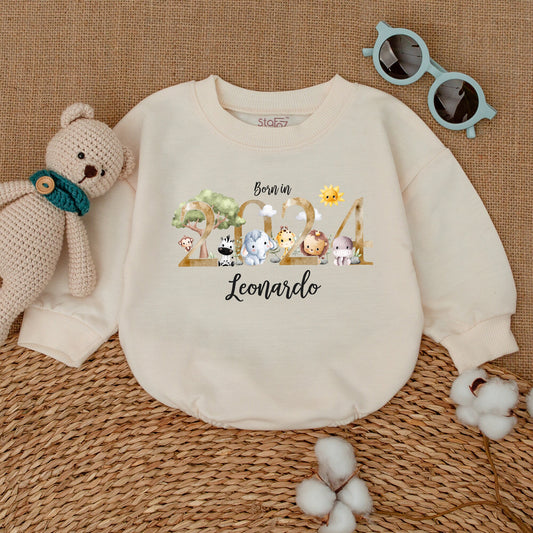 Personalized Born in 2024 Safari Baby Romper Bodysuit Whimsical Animal Newborn Sleepsuit Bubble Coming Home Shower Gift