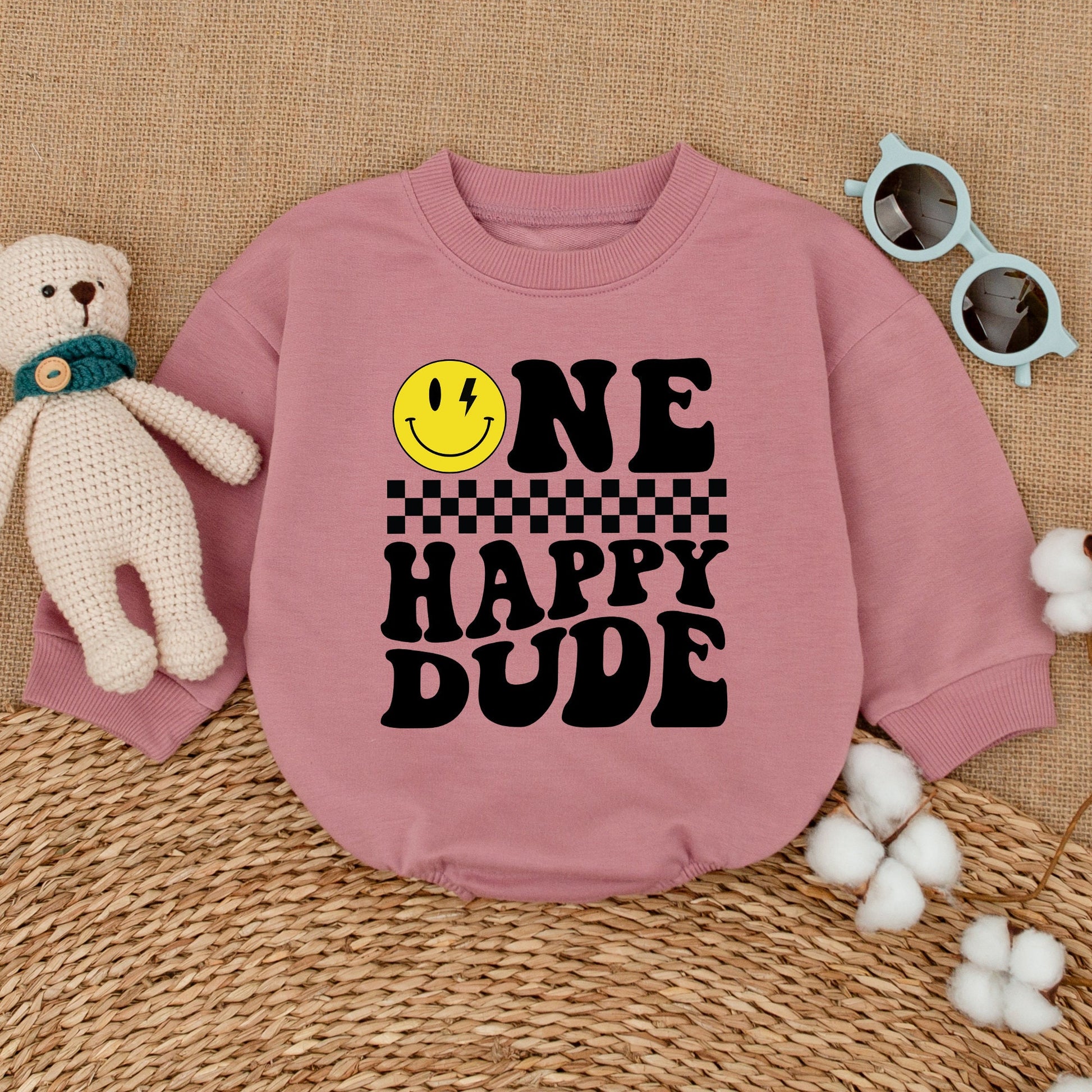 One Happy Dude Baby Boy Romper Smiley Face Lightning Birthday Outfit First Birthday Cake Smash Cool Retro Checkered Yellow Infant Toddler Celebration Gift