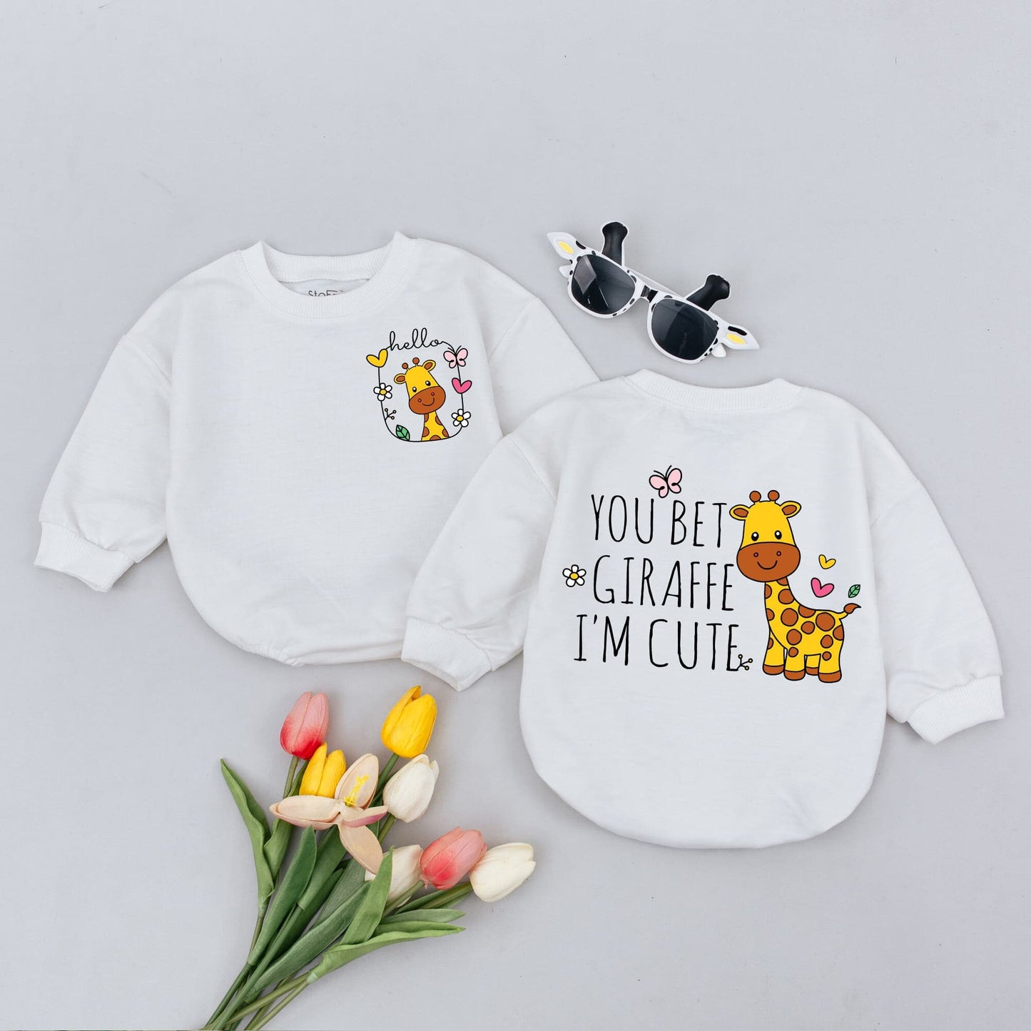 You Bet Giraffe I'm Cute Funny Baby Romper Bodysuit with Playful Cartoon Animal Design, Sweet Floral Details, Adorable Newborn Baby Shower Gift