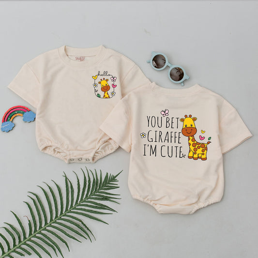You Bet Giraffe I'm Cute Funny Baby Romper Bodysuit with Playful Cartoon Animal Design, Sweet Floral Details, Adorable Newborn Baby Shower Gift