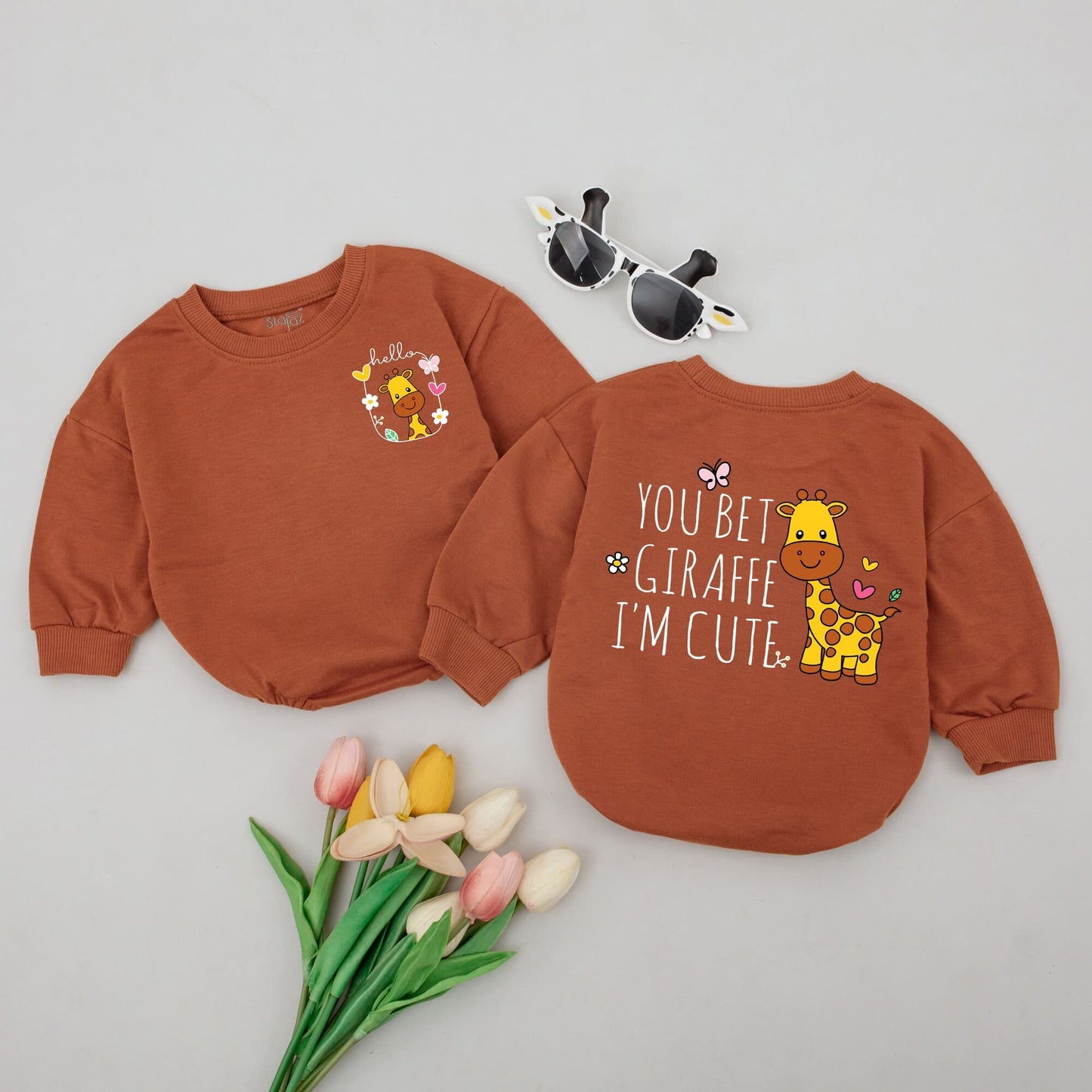 You Bet Giraffe I'm Cute Funny Baby Romper Bodysuit with Playful Cartoon Animal Design, Sweet Floral Details, Adorable Newborn Baby Shower Gift