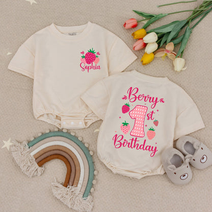 Strawberry 1st Birthday Girl Baby Bubble Romper Short Sleeve Outfit