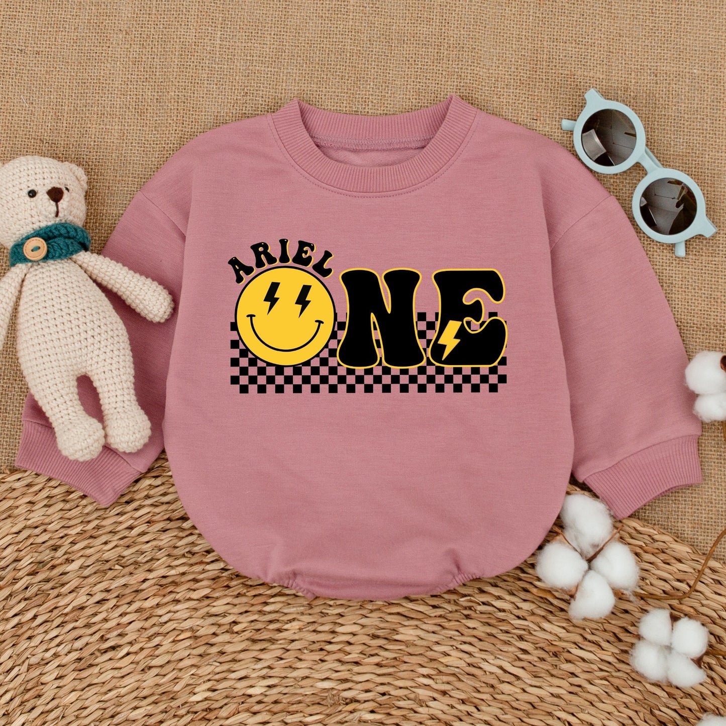 Personalized One Happy Dude Birthday Romper Smiley Face Outfit First Birthday Cake Smash Bodysuit Baby Boy Retro Yellow Design