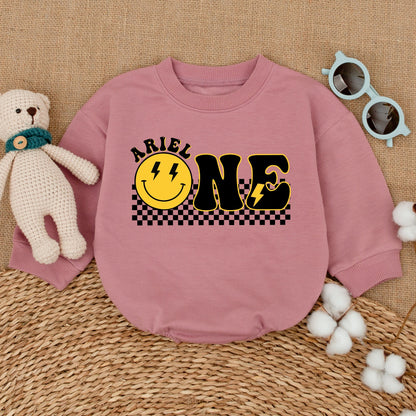 Personalized One Happy Dude Birthday Romper Smiley Face Outfit First Birthday Cake Smash Bodysuit Baby Boy Retro Yellow Design
