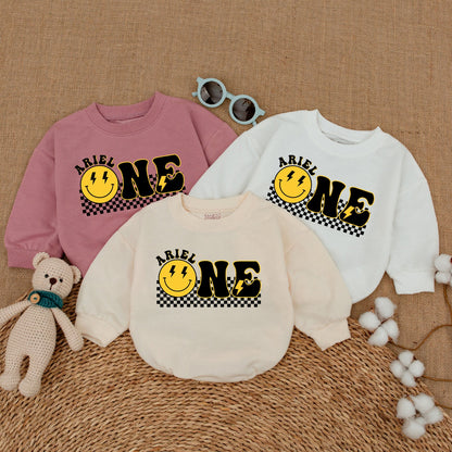 Personalized One Happy Dude Birthday Romper Smiley Face Outfit First Birthday Cake Smash Bodysuit Baby Boy Retro Yellow Design