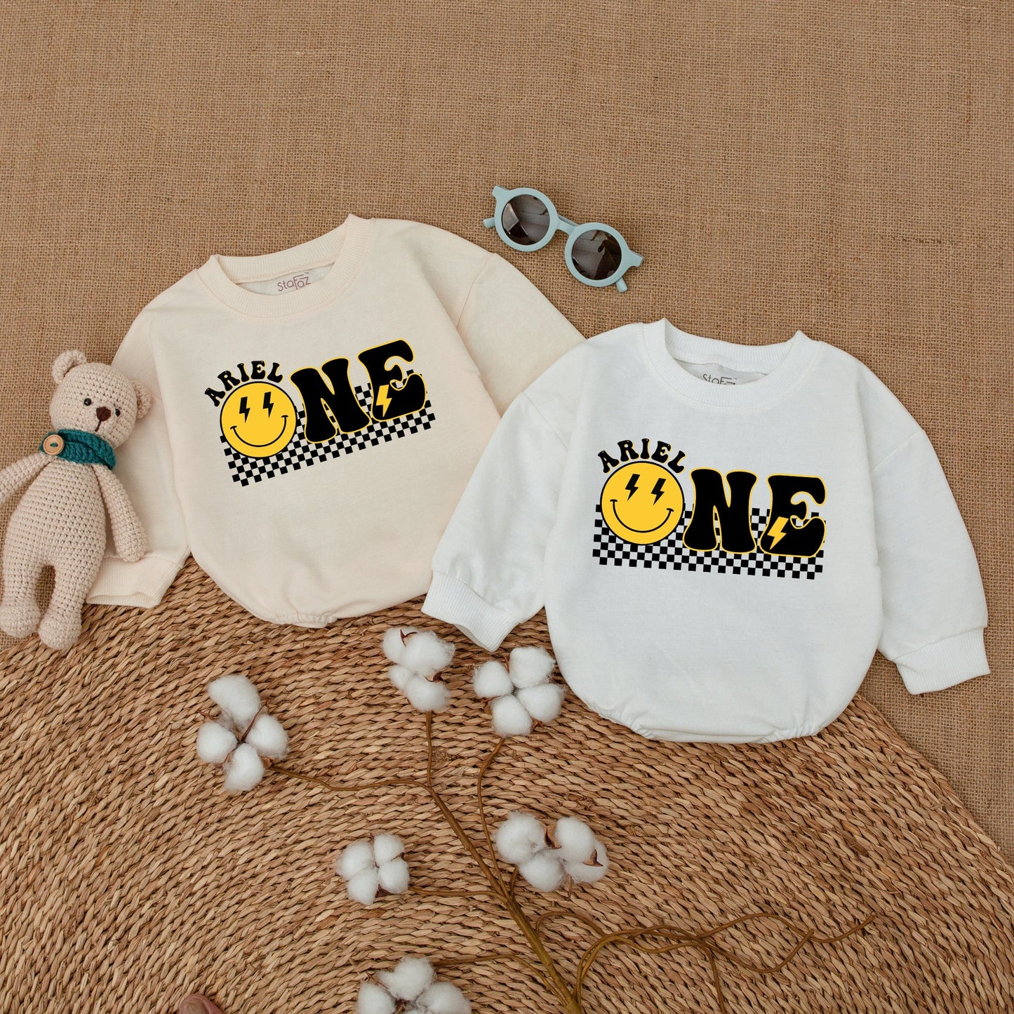Personalized One Happy Dude Birthday Romper Smiley Face Outfit First Birthday Cake Smash Bodysuit Baby Boy Retro Yellow Design