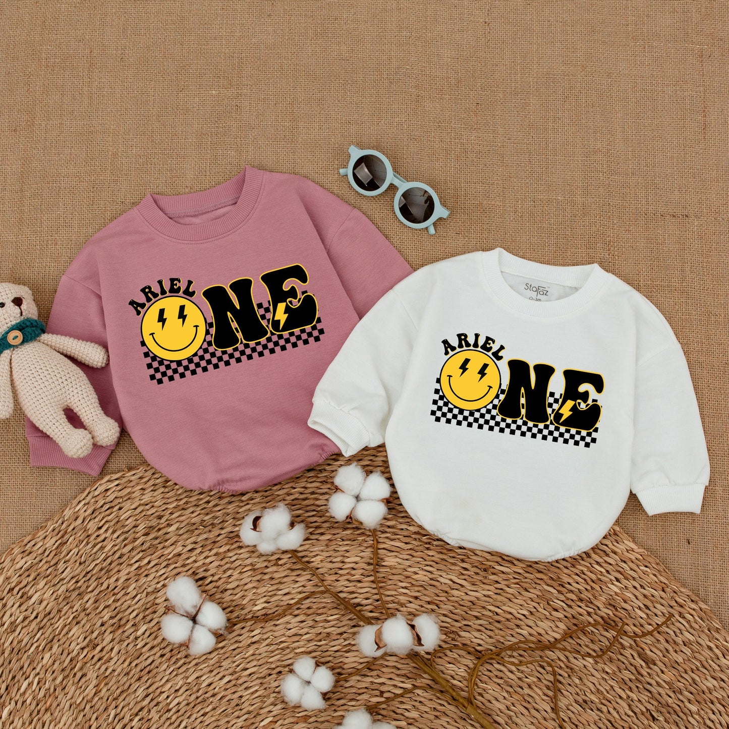 Personalized One Happy Dude Birthday Romper Smiley Face Outfit First Birthday Cake Smash Bodysuit Baby Boy Retro Yellow Design