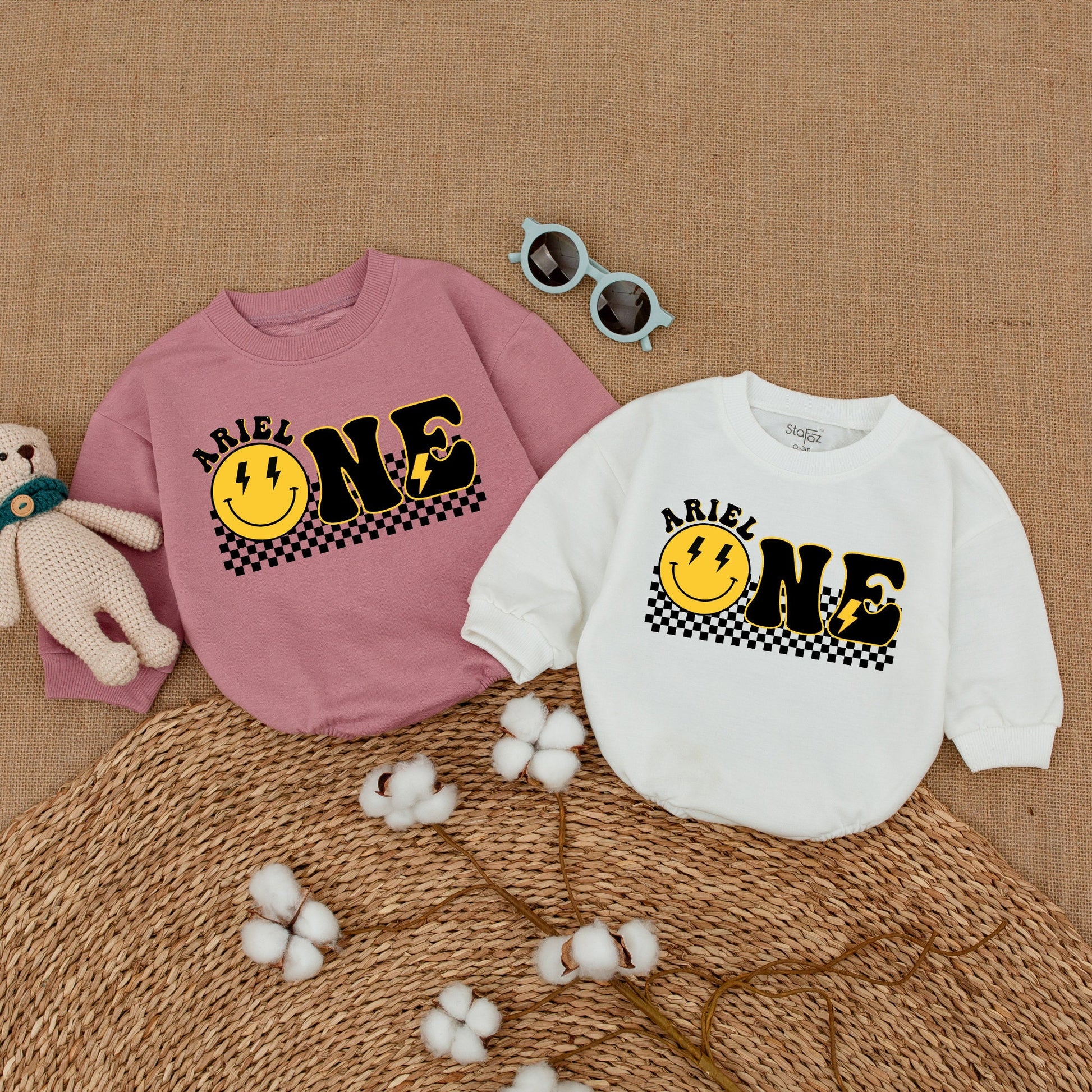 Personalized One Happy Dude Birthday Romper Smiley Face Outfit First Birthday Cake Smash Bodysuit Baby Boy Retro Yellow Design
