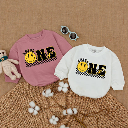 Personalized One Happy Dude Birthday Romper Smiley Face Outfit First Birthday Cake Smash Bodysuit Baby Boy Retro Yellow Design