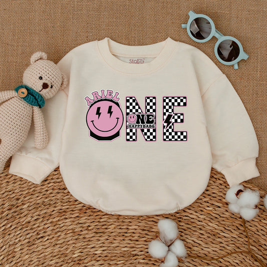 Personalized One Happy Babe Retro Smiley Face Birthday Outfit Baby Girl One Cool Dude Bodysuit Cake Smash Cheerful Bubble Letter Design