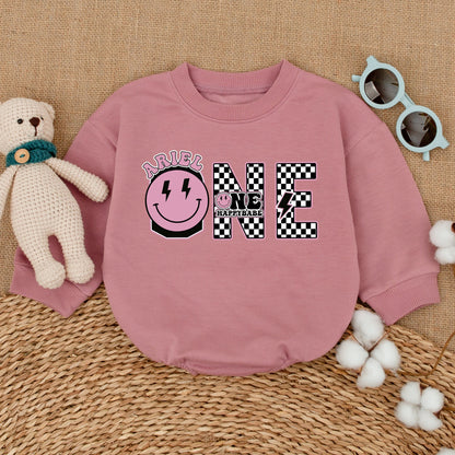 Personalized One Happy Babe Retro Smiley Face Birthday Outfit Baby Girl One Cool Dude Bodysuit Cake Smash Cheerful Bubble Letter Design