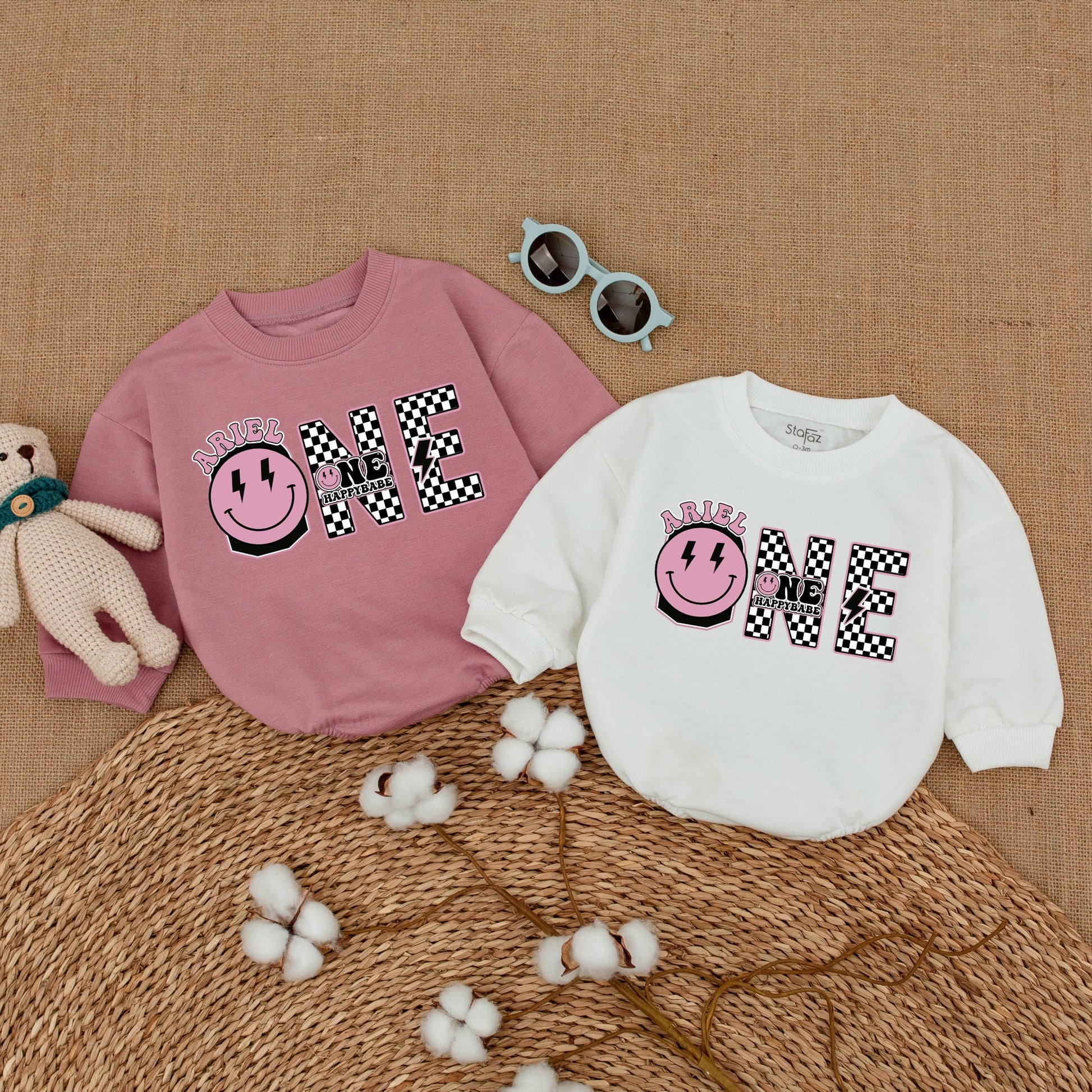 Personalized One Happy Babe Retro Smiley Face Birthday Outfit Baby Girl One Cool Dude Bodysuit Cake Smash Cheerful Bubble Letter Design