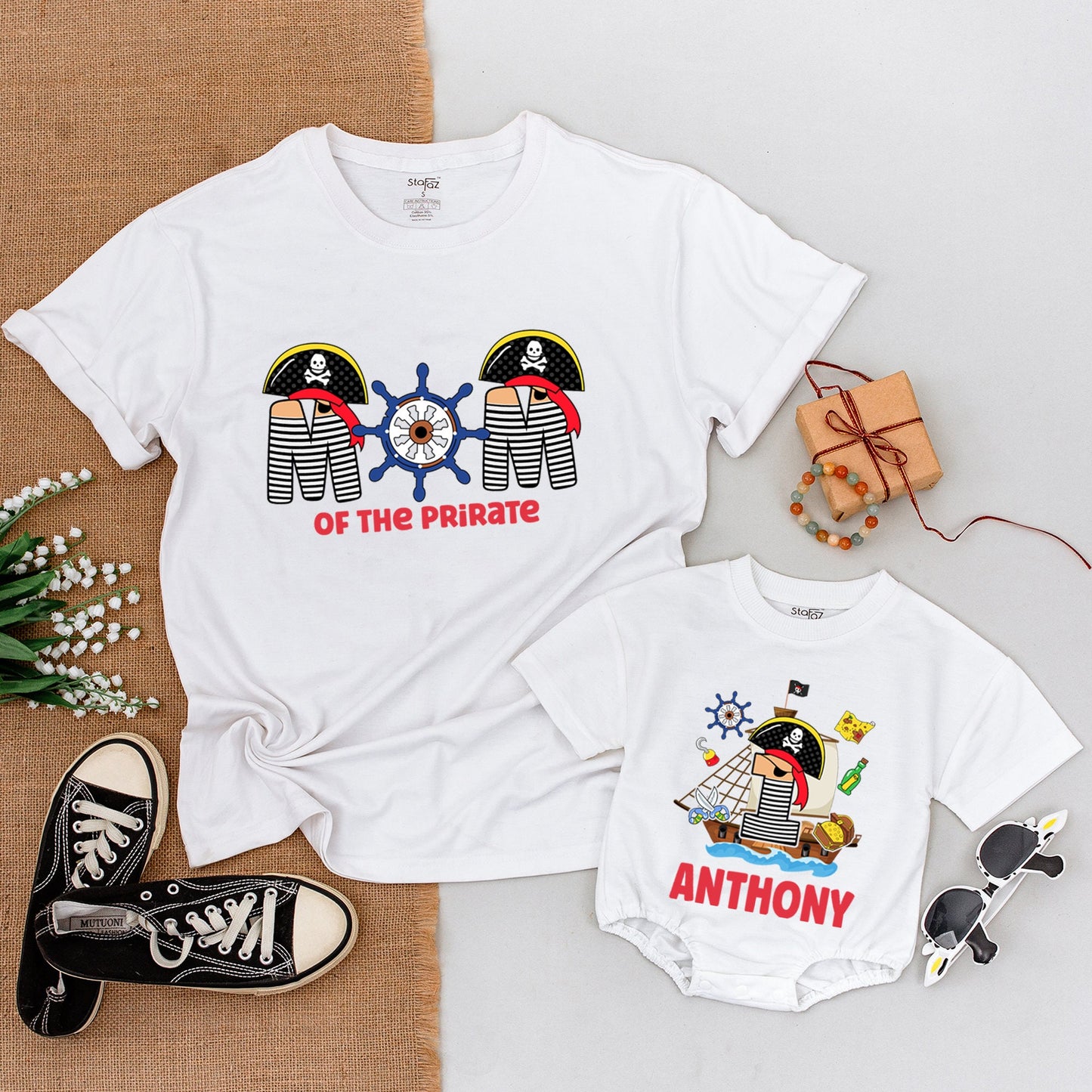 Personalized Pirate First Birthday Family Matching Shirts for Mom Dad Son Baby Boy Romper with Skull & Crossbones Design