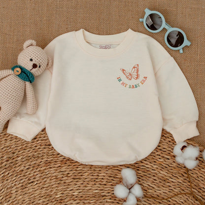 In My Baby Era" Retro Wavy Baby Girl Romper Bodysuit with Butterflies and Daisies Newborn Bubble Outfit Soft Vintage Style Baby Shower Gift