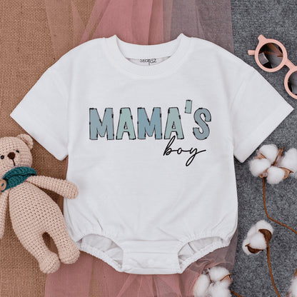 Mama's Boy Bubble Romper Short Sleeve Baby T-Shirt Outfit with Playful Light Blue Sketched Vintage Style, Newborn Gift Mother's Day