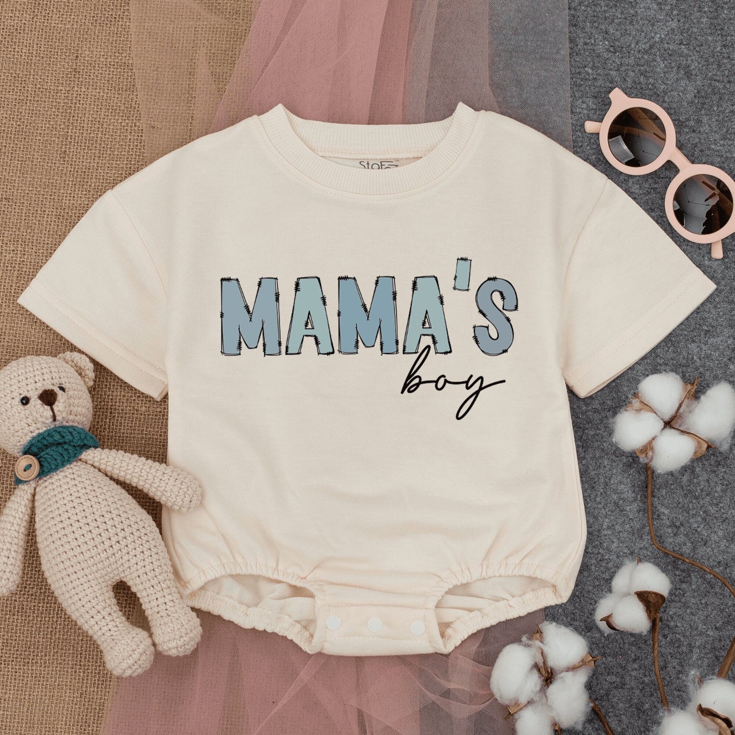 Mama's Boy Bubble Romper Short Sleeve Baby T-Shirt Outfit with Playful Light Blue Sketched Vintage Style, Newborn Gift Mother's Day