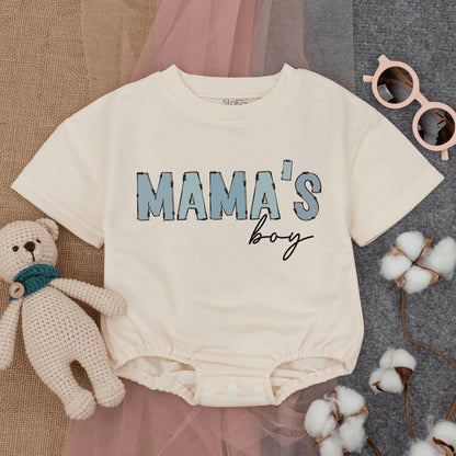 Mama's Boy Bubble Romper Short Sleeve Baby T-Shirt Outfit with Playful Light Blue Sketched Vintage Style, Newborn Gift Mother's Day
