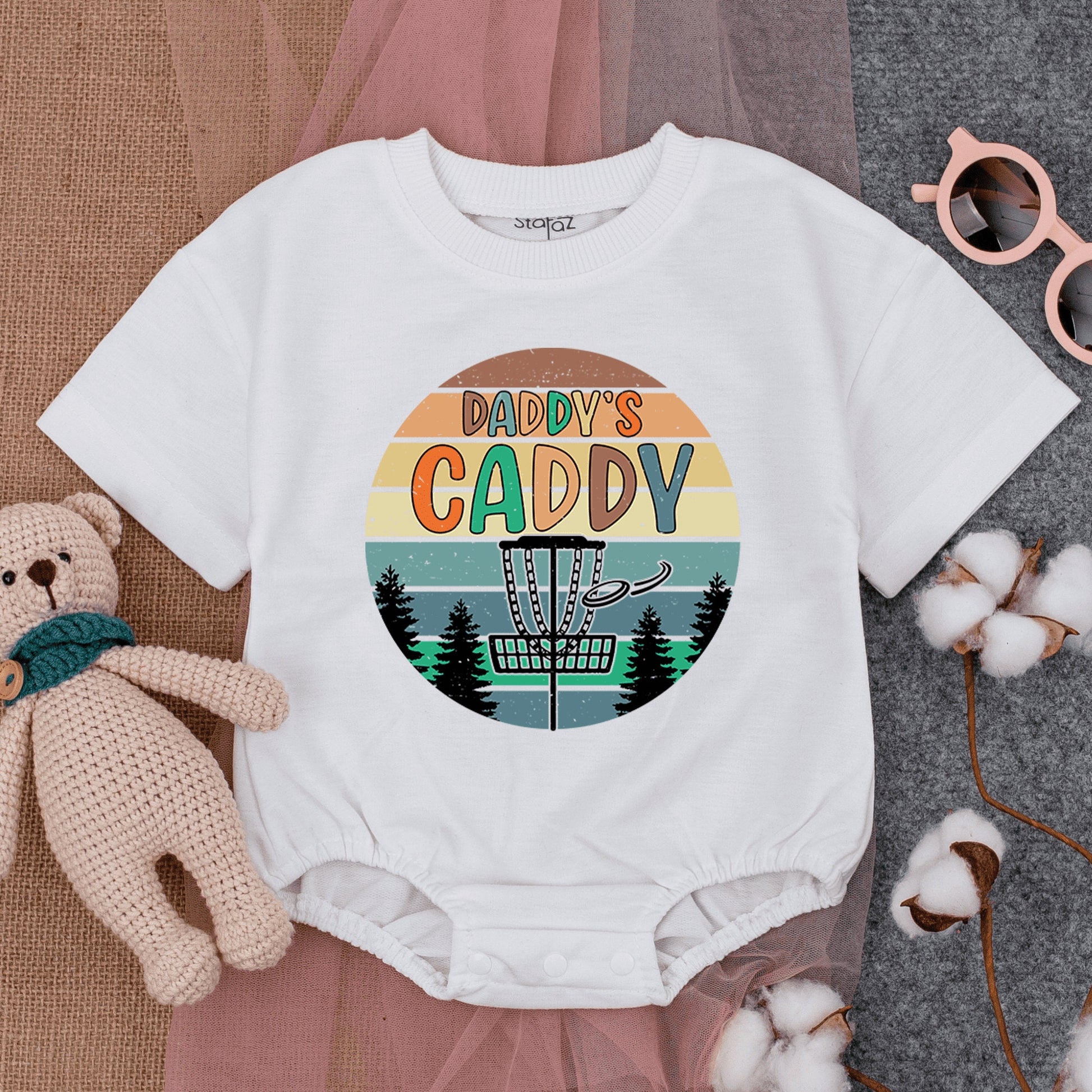 Retro Daddy's Caddy Disc Golf Baby Boy Bodysuit Vintage Sunset Striped Design Newborn Gameday Outfit Evergreen Trees Summer Baby Shower Gift