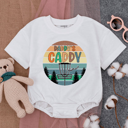 Retro Daddy's Caddy Disc Golf Baby Boy Bodysuit Vintage Sunset Striped Design Newborn Gameday Outfit Evergreen Trees Summer Baby Shower Gift