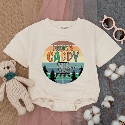 Retro Daddy's Caddy Disc Golf Baby Boy Bodysuit Vintage Sunset Striped Design Newborn Gameday Outfit Evergreen Trees Summer Baby Shower Gift