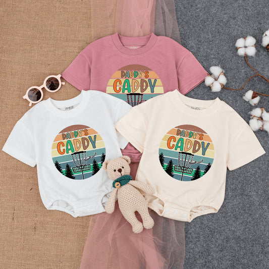Retro Daddy's Caddy Disc Golf Baby Boy Bodysuit Vintage Sunset Striped Design Newborn Gameday Outfit Evergreen Trees Summer Baby Shower Gift