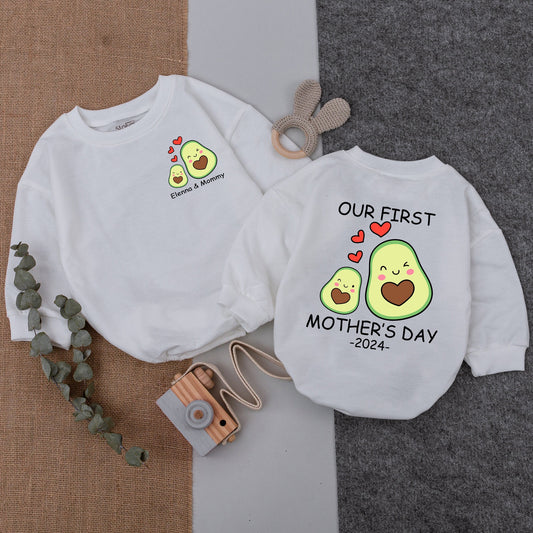 Personalized First Mother's Day 2024 Baby Romper featuring Cute Mother Baby Avocado Cartoon Design Soft Infant Bodysuit Gift