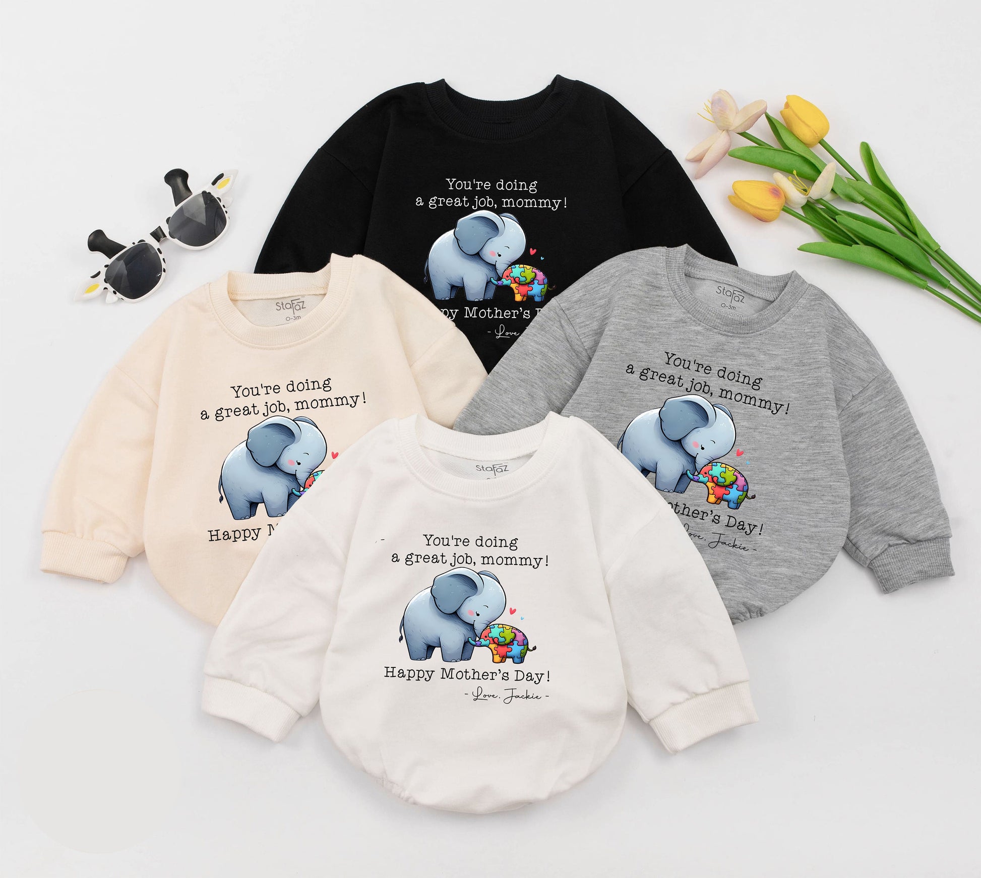 Personalized Mother's Day Elephant Bubble Romper Baby Bodysuit Gift "You're Doing A Great Job Mommy" Colorful Puzzle Design Autism Awareness Cute Infant Outfit