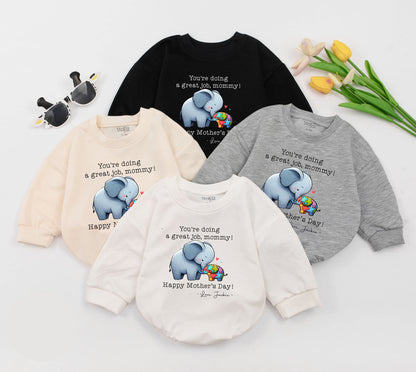 Personalized Mother's Day Elephant Bubble Romper Baby Bodysuit Gift "You're Doing A Great Job Mommy" Colorful Puzzle Design Autism Awareness Cute Infant Outfit