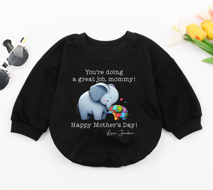 Personalized Mother's Day Elephant Bubble Romper Baby Bodysuit Gift "You're Doing A Great Job Mommy" Colorful Puzzle Design Autism Awareness Cute Infant Outfit