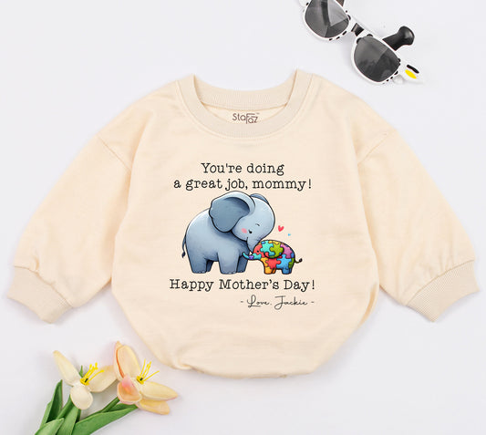 Personalized Mother's Day Elephant Bubble Romper Baby Bodysuit Gift "You're Doing A Great Job Mommy" Colorful Puzzle Design Autism Awareness Cute Infant Outfit