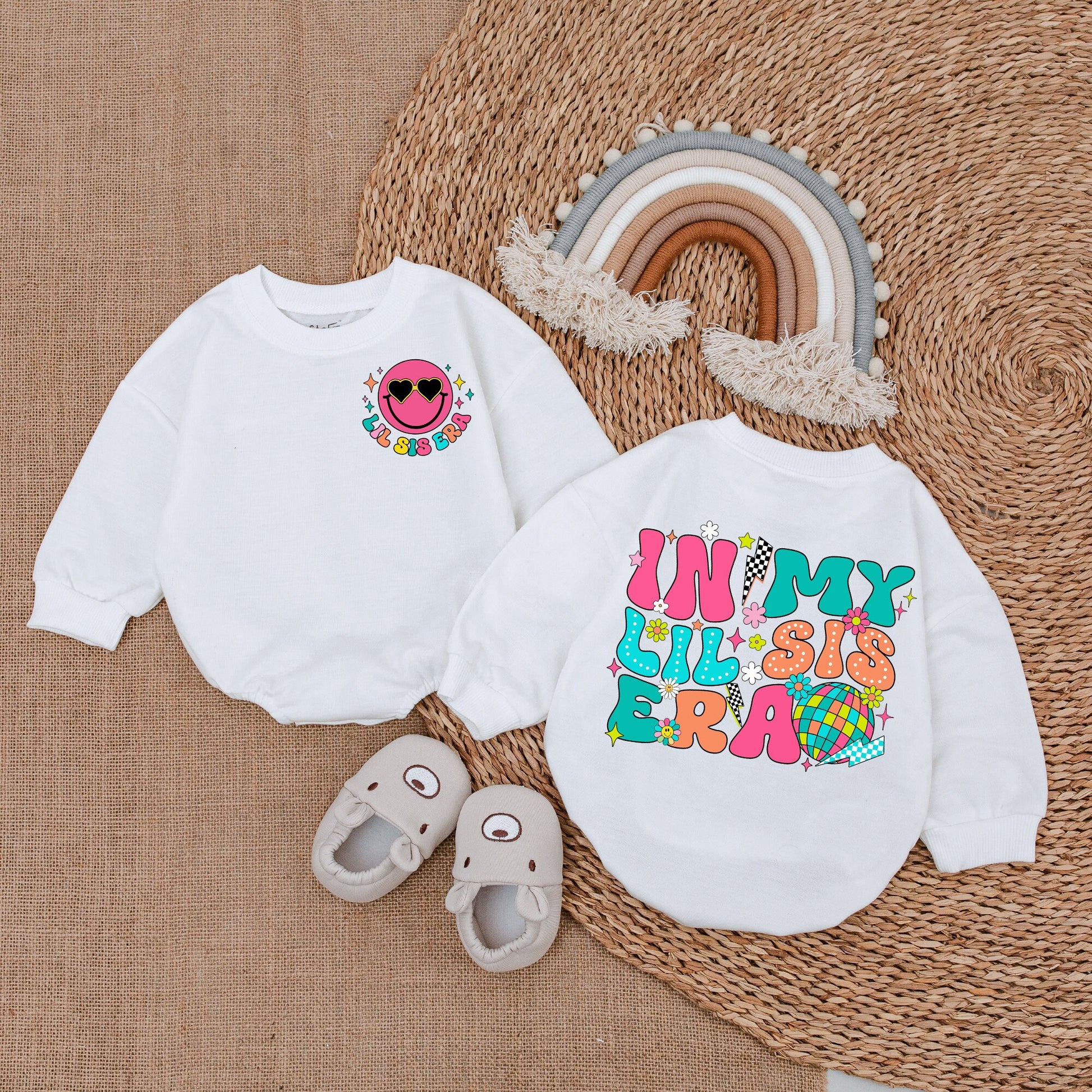 In My Lil Sis Era Baby Bubble Romper Retro Pink Smiley Face Girl Outfit Vibrant Flowers Stars Disco Ball Whimsical Sister Infant Clothes