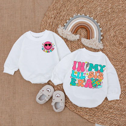 In My Lil Sis Era Baby Bubble Romper Retro Pink Smiley Face Girl Outfit Vibrant Flowers Stars Disco Ball Whimsical Sister Infant Clothes