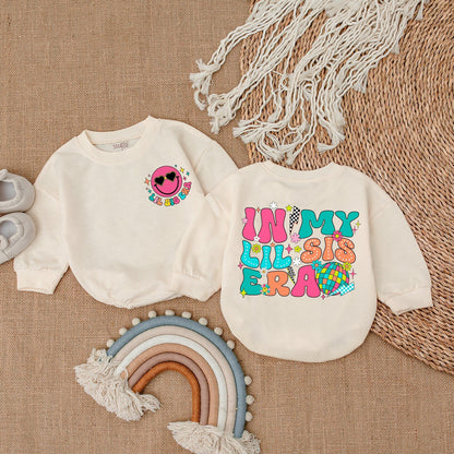 In My Lil Sis Era Baby Bubble Romper Retro Pink Smiley Face Girl Outfit Vibrant Flowers Stars Disco Ball Whimsical Sister Infant Clothes