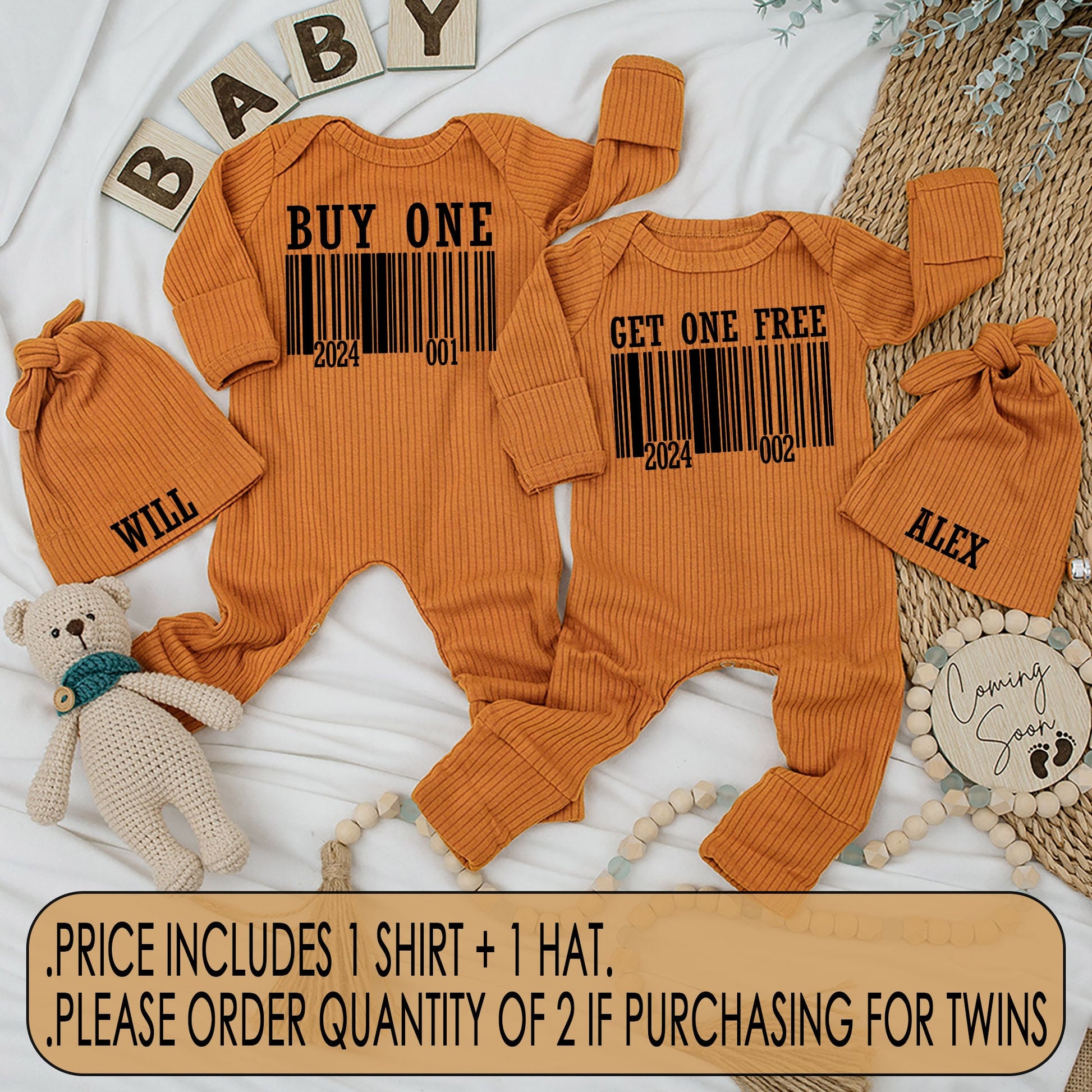 Funny Buy One Get One Free Twin Baby Bodysuit Hat Set with Modern Barcode Design, Newborn Coming Home Gift Matching Outfits for Boy Girl